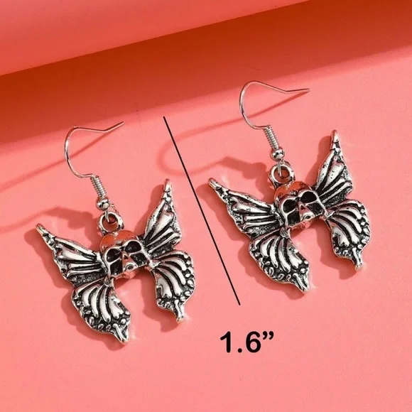 Any 4/$25! Oxidized Silver Death’s Head Skull Moth Butterfly Drop Earrings - Picture 3 of 5